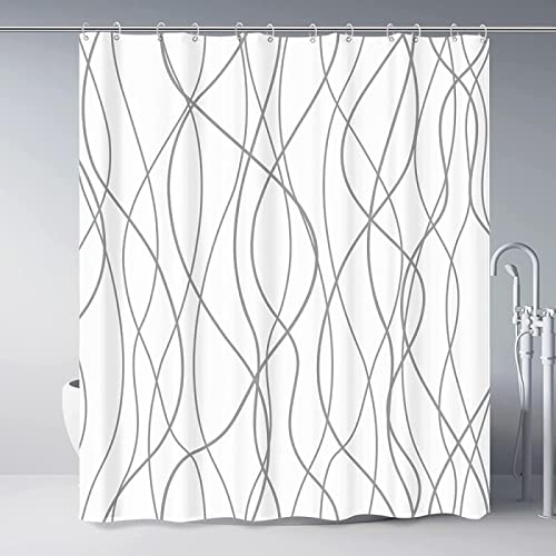 TITINGLUCK 3D-Druck Waschbarer Duschvorhang aus Stoff mit grauen und weißen Streifen, wasserdichte Badezimmertrennwand, dekorativ, mit Kunststoffhaken, 210 x 180 cm (B x H) von TITINGLUCK
