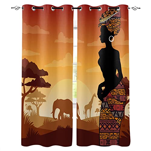 TITINGLUCK Afrika Frau Giraffe Elefant Fenster Innen Volant Tür Zimmer Vorhang für Küche Wohnzimmer Schlafzimmer BxL-170x200cm(67x79in) x2 von TITINGLUCK