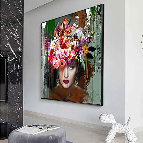 TITINGLUCK Blumen Wandkunst Mädchen Kopf Leinwand Abstrakte Poster und Drucke Frau Portrait Gemälde Bilder für Wohnzimmer Schlafzimmer Dekor 90x90cm(35x35in) with frame von TITINGLUCK