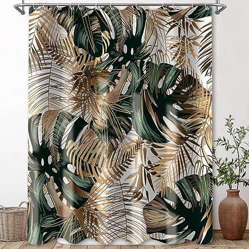 TITINGLUCK Grüner Hawaii-Tropen-Duschvorhang, grün-goldene Tropische Blätter, Pflanzenstoff, Badezimmervorhang, botanischer Dschungel, Badevorhang-Set, 90 x 200 cm (B x H) von TITINGLUCK