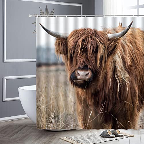 TITINGLUCK Highland Cow Bedruckter Wildtier-Duschvorhang, wasserdichter Stoff, Badezimmerdekoration, Heimhaken, Polyester-Badevorhänge, 170 x 210 cm/67 x 83 Zoll (B x H) von TITINGLUCK