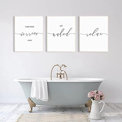 TITINGLUCK Leinwand Gemälde Wash Your Worries Away Print Get Naked Relax Badezimmer Zitate Poster Wandkunst Bilder Badezimmer Dekor 30x42cm(12x17in)x3 Rahmenlos von TITINGLUCK