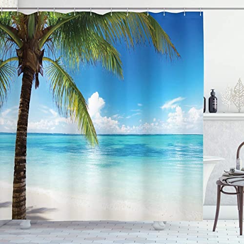 TITINGLUCK Seaside Ocean Duschvorhang Sommer Strand Wasser Palme Hawaii Landschaft Stoff Badezimmer Deko Vorhänge mit 12 Haken 300x200cm/118x79in(BxH) von TITINGLUCK