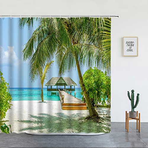 TITINGLUCK Strand Palme Duschvorhang Kreative Wohnkultur Wasserdichtes Set Badezimmerzubehör Vorhang Modern Einfach mit 12 Haken 213x175cm/84x69in(BxH) von TITINGLUCK