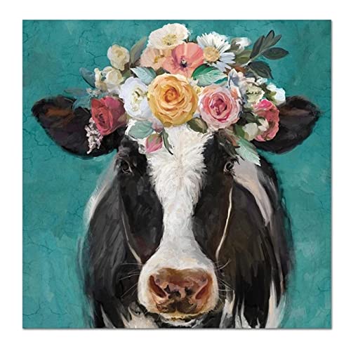 TITINGLUCK Tierkunst Kuh mit Blumen auf dem Kopf Poster und Drucke Leinwand Gemälde Wandkunst Bilder für Wohnzimmer Dekor 70x70cm(28x28in) mit Rahmen von TITINGLUCK