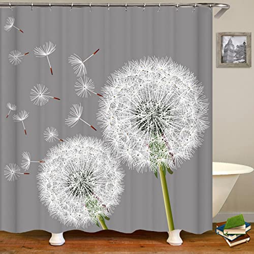 TITINGLUCK Weißer Löwenzahn-Duschvorhang, 3D-gedruckt, nordische Blumen, Schmetterlingslandschaft, Badvorhänge für Badezimmer, wasserdichte Landschaft, 135 x 190 cm (B x H) von TITINGLUCK