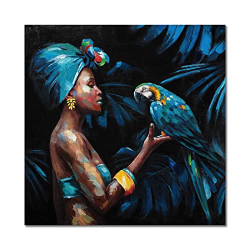 Vintage-Gemälde, Druck auf Leinwand, afrikanische Frau, spielt, blauer Papagei, Wandkunst, Bilder für Wohnzimmer, Innendekoration, 60 x 60 cm (24 x 24 Zoll) mit Rahmen von TITINGLUCK