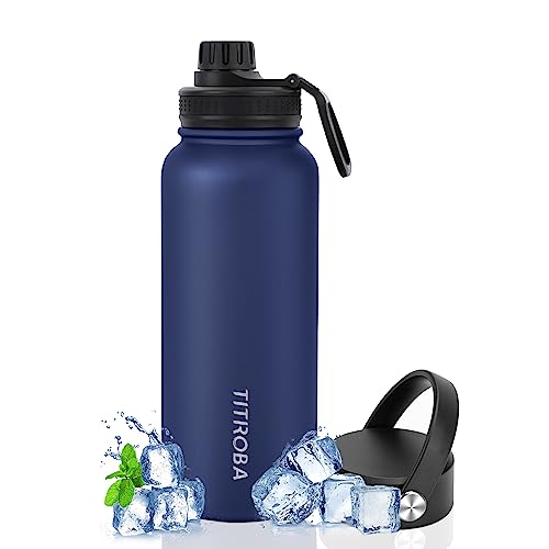 TITIROBA Edelstahl Trinkflasche 1L Auslaufsicher Thermosflasche BPA Frei Isolierflasche Vakuum Doppelwand Isolierung Navyblau von TITIROBA