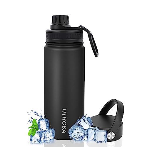 TITIROBA Edelstahl Trinkflasche 600ml Auslaufsicher Thermosflasche BPA Frei Isolierflasche Vakuum Doppelwand Isolierung Schwarz von TITIROBA