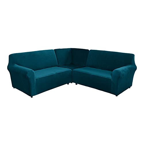 TIUTIU L-Form Sofahusse 5/7-Sitzer Eckcouch Cover, Elastischer Ecksofabezug Mit Anti-rutsch Schaumstoffankern, 3-teilige Dicker Plüsch Samt Schonbezug (Deep Teal,5-Sitzer) von TIUTIU