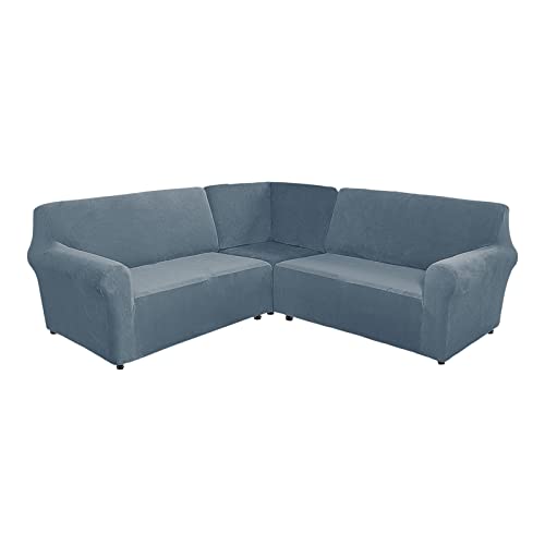 TIUTIU L-Form Sofahusse 5/7-Sitzer Eckcouch Cover, Elastischer Ecksofabezug Mit Anti-rutsch Schaumstoffankern, 3-teilige Dicker Plüsch Samt Schonbezug (Grey Blue,7-Sitzer) von TIUTIU