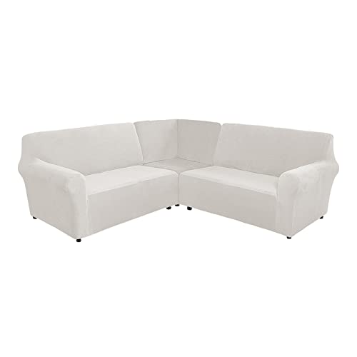 TIUTIU L-Form Sofahusse 5/7-Sitzer Eckcouch Cover, Elastischer Ecksofabezug Mit Anti-rutsch Schaumstoffankern, 3-teilige Dicker Plüsch Samt Schonbezug (Ivory,7-Sitzer) von TIUTIU