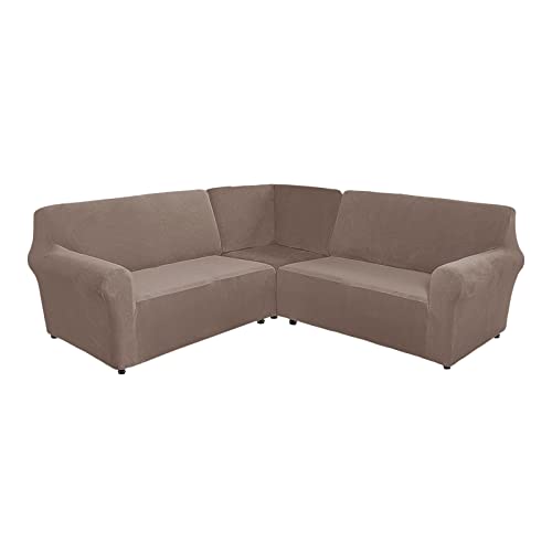 TIUTIU L-Form Sofahusse 5/7-Sitzer Eckcouch Cover, Elastischer Ecksofabezug Mit Anti-rutsch Schaumstoffankern, 3-teilige Dicker Plüsch Samt Schonbezug (Taupe,7-Sitzer) von TIUTIU