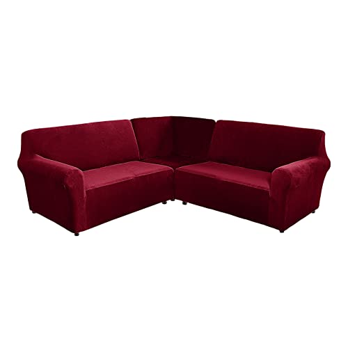 TIUTIU L-Form Sofahusse 5/7-Sitzer Eckcouch Cover, Elastischer Ecksofabezug Mit Anti-rutsch Schaumstoffankern, 3-teilige Dicker Plüsch Samt Schonbezug (Wine Red,7-Sitzer) von TIUTIU