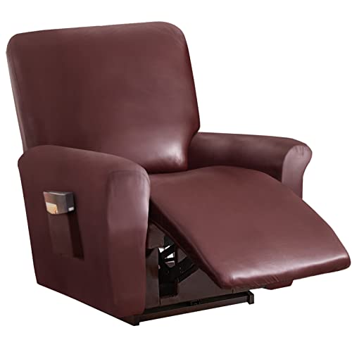 TIUTIU Recliner Sofabezug, Stretch Ruhesessel Bezug, Wasserdichtes PU-Leder 4-teilige Relaxsessel Bezug, Stretchhusse Für Liegesessel Relaxsessel Massagesessel (Wine Red) von TIUTIU