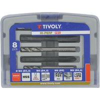 TIVOLY 11900170033 Estuche con 4 machos de roscar HSS DIN352 M4 a M8 y 4 brocas HSS extracortas rectif. de punta en cruz von TIVOLY