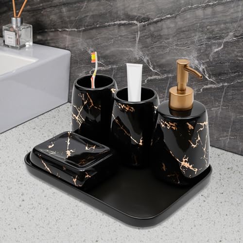 Badezimmer Set 5-teiliges Badezimmer Zubehör Set für Bad Organizer & Deko Bathroom Accessories Set in Marmor-Optik Bathroom Set inkl. Seifenspender Seifenschale Zahnputzbecher Tablett (Schwarz) von TIXBYGO