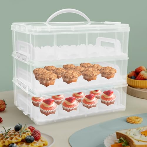 Kuchen Transportbox Kastenform, Cupcake Muffin Transportbox 36 Stück 3 Etagen Kuchencontainer Blechkuchen, Kuchentransportboxen Rechteckig Kuchenbox mit Clickverschlüssen & Tragegriffen, 35x24x30cm von TIXBYGO