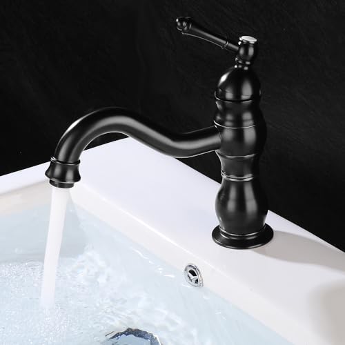 Retro Waschtischarmatur Schwarz Matt Mischbatterie Waschbecken Niederdruck Armatur Bad Einhebelmischer Waschbecken Armaturen aus Messing Wasserhahn für Badezimmer, Kaltes und Heißes Wasser Vorhanden von TIXBYGO