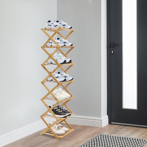 TIXBYGO 7 Ebenen Faltbares Schuhregal aus Bambus Klappregal Tragbar Kleines Schuhregal für Eingänge, Schlafzimmer, Wohnzimmer, Flure, Korridore & Ecke, ohne Installation (26 * 26 * 105cm, Log Color) TIXBYGO 7 Ebenen Faltbares Schuhregal aus Bambus Klappregal Tragbar Kleines Schuhregal für Eingänge, Schlafzimmer, Wohnzimmer, Flure, Korridore & Ecke, ohne Installation (26 * 26 * 105cm, Log Color) von TIXBYGO