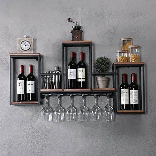 TIXBYGO Weinregal Industrielles an der Wand befestigtes Flaschenregal Dekorie Weinregal aus Holz Wand mit Gläserhalter schwarzes Regal+ Metal Weinflaschenhalter für Weinflaschen und Weingläser von TIXBYGO