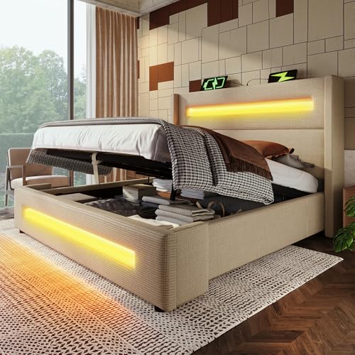 140x200 cm Polsterbett Doppelbett, Jugendbett mit LED, Stauraumbett mit hydraulischem Stauraum und USB Type-C Aufladen, Metallbettrahmen mit Holzlatten, Beige, Leinen, ohne Matratze. von TIZZ