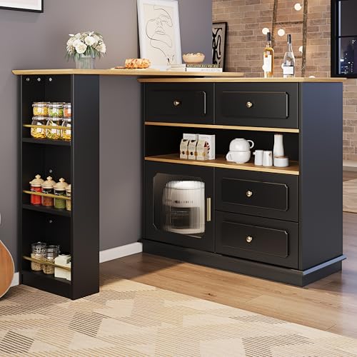 Ausziehbarer Bartisch mit Stauraum(125-181×39×104.5cm), 360° drehbare Essbar,Moderner Beweglicher Bar Table,Hochtisch Kücheninsel Bistro Table, Schwarz,Sideboardschrank mit Regalen und Glas von TIZZ