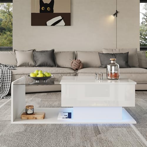 Couchtisch Hochglanz Weiß mit Glasplatte Beistelltisch Modern Design Wohnzimmer Tisch von TIZZ