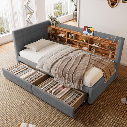Daybett 90 * 200cm Mit 2 Schubladen USB Typ C Mehreren Ablagefächern Bett Mit Lattenrost Ohne Matratze Leinen Grau Schlafsofa Tagesbett von TIZZ