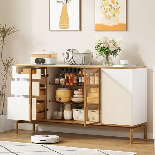 Elegantes Sideboard 150Lx40Bx80H cm, Marmor-Arbeitsplatte, goldene Zierleiste, weiß, moderner Stauraumschrank mit Glas- und Holzfächern von TIZZ