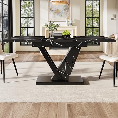 Esstisch Teleskoptisch (120-160 * 75cm), Tisch, Küchentisch, Ausziehtisch, mit Hilfe innenliegender Einlegeplatten auf 120-160cm ausziehbar, für Küche und Wohnzimmer, mit schwarzem Marmormuster von TIZZ