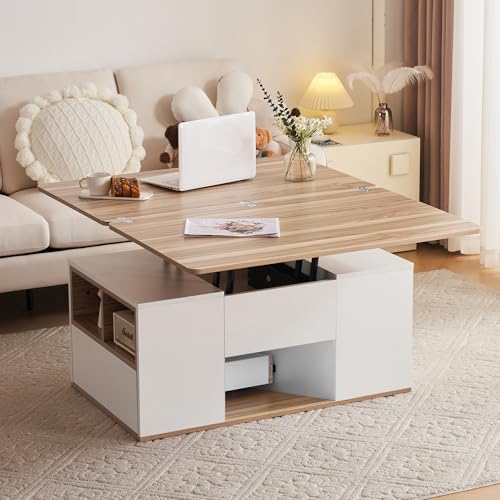 Hebbarer Multifunktions-Couchtisch - Tischplatte öffnet Sich zu 2 Tischen, Zwei Schubladen, Weiß + Originalholzfarbe, große Kapazität, Büro-Esstisch Freizeittisch Multifunktionstisch Hebbarer Multifunktions-Couchtisch - Tischplatte öffnet Sich zu 2 Tischen, Zwei Schubladen, Weiß + Originalholzfarbe, große Kapazität, Büro-Esstisch Freizeittisch Multifunktionstisch von TIZZ