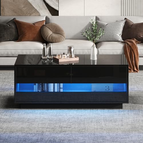 Hochglanz-Couchtisch 100 * 50 * 40cm Teetisch mit 2 Schubladen Bluetooth-LED-Lichtleiste Stauraum-Sofatisch mit Schallwand aus gehärtetem Glas Beistelltisch kaffetish Schwarz von TIZZ