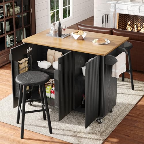 Kücheninsel 130x45(75) x92cm Speisewagen mit Holzmaserung Buffet Ausziehbarer Küchenwagen auf Rädern mit Handtuchhalter Gewürzregal Trennwände verstellbar 3 Türen weiß schwarz von TIZZ