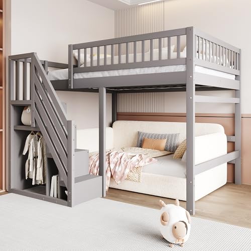 Massivholzbett 140 x 200 cm mit Treppe Stauschrank Hohes Geländer Grau Kinderbett Jugendbett Gestell Ohne Matratze Massivholzbett 140 x 200 cm mit Treppe Stauschrank Hohes Geländer Grau Kinderbett Jugendbett Gestell Ohne Matratze von TIZZ