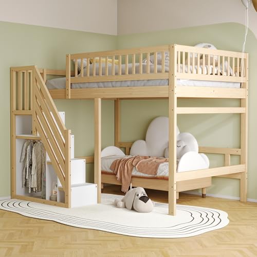 Massivholzbett 140 x 200 mit Treppe und Stauschrank Hohes Geländer Kinderbett Jugendbett Gestell Holzfarbe Ohne Matratze Massivholzbett 140 x 200 mit Treppe und Stauschrank Hohes Geländer Kinderbett Jugendbett Gestell Holzfarbe Ohne Matratze von TIZZ