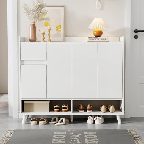 Moderne Sideboard Kommode Schuhschrank mit großem Stauraum, 4 Türen und 1 Schubladen mit einem verstellbaren Regal für Esszimmer, Wohnzimmer oder Küche,Maße: 120 * 99 * 35 cm,Weiß Moderne Sideboard Kommode Schuhschrank mit großem Stauraum, 4 Türen und 1 Schubladen mit einem verstellbaren Regal für Esszimmer, Wohnzimmer oder Küche,Maße: 120 * 99 * 35 cm,Weiß von TIZZ