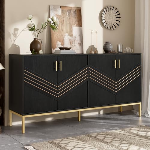 Modernes Sideboard in Schwarz & Gold mit 4 Türen, MDF-Korpus auf Metallbeinen, große Kapazität und höhenverstellbare Regale für Wohnzimmer, Esszimmer oder Flur. Modernes Sideboard in Schwarz & Gold mit 4 Türen, MDF-Korpus auf Metallbeinen, große Kapazität und höhenverstellbare Regale für Wohnzimmer, Esszimmer oder Flur. von TIZZ