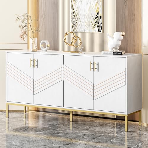 Modernes Sideboard in Weiß & Gold mit 4 Türen, MDF-Korpus auf Metallbeinen, geräumig mit höhenverstellbaren Regalen für Wohnzimmer, Esszimmer oder Flur. Modernes Sideboard in Weiß & Gold mit 4 Türen, MDF-Korpus auf Metallbeinen, geräumig mit höhenverstellbaren Regalen für Wohnzimmer, Esszimmer oder Flur. von TIZZ