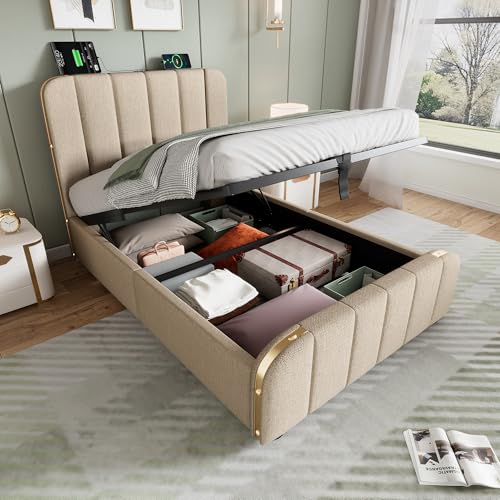 Polsterbett 90x200 cm Einzelbett gepolstertes Kopfteil mit goldenen Zierstreifen USB Typ-C Ladefunktion Beige Leinen-Material Hydraulisches Lagerbett Mit Matratze von TIZZ