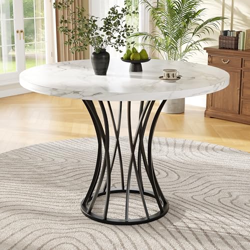 Runder Esstisch (80 x 80 x 76 cm), Leichter und luxuriöser runder Tisch für 4-6 Personen, geeignet für Esszimmer, MDF marmorierte Tischplatte, Schwarze Beine von TIZZ