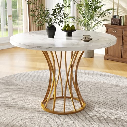 Runder Esstisch (80 x 80 x 76 cm), Leichter und luxuriöser runder Tisch für 4-6 Personen, geeignet für Esszimmer, MDF marmorierte Tischplatte, goldene Beine von TIZZ