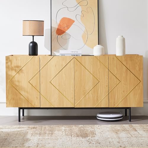 Sideboard Wohnzimmer, Buffet Schrank mit 4 Türen und Metall-Inlay – Vielseitige Kommode, Anrichte, Beistellschrank, Standschrank – Naturholz- Maße: H 78 cm/B 160 cm/T 40 cm Sideboard Wohnzimmer, Buffet Schrank mit 4 Türen und Metall-Inlay – Vielseitige Kommode, Anrichte, Beistellschrank, Standschrank – Naturholz- Maße: H 78 cm/B 160 cm/T 40 cm von TIZZ