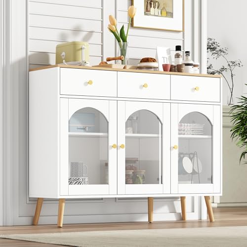 Sideboard mit 3 Schubladen und 3 gebogenen Türen breiter Schrank aus gehärtetem Glas für Buffettische in Küchen und Esszimmern, weiß und Natur von TIZZ