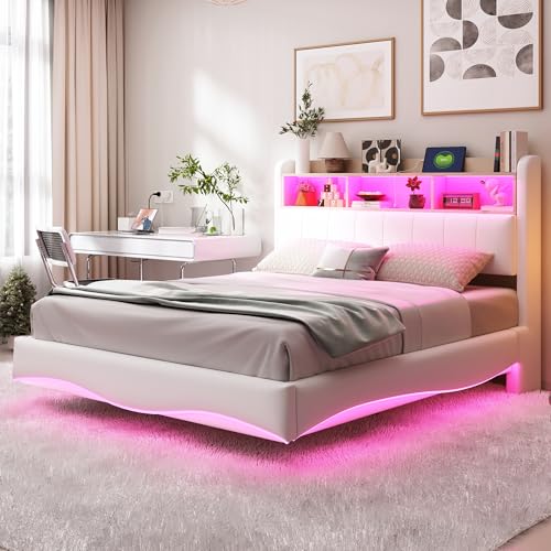 TIZZ 140 * 200 cm Abgehängtes Design Polsterbett aus Leinenstoff, multifunktionales Stauraumbett mit LED-Licht, USB- und Type-C-Schnittstelle Beige von TIZZ