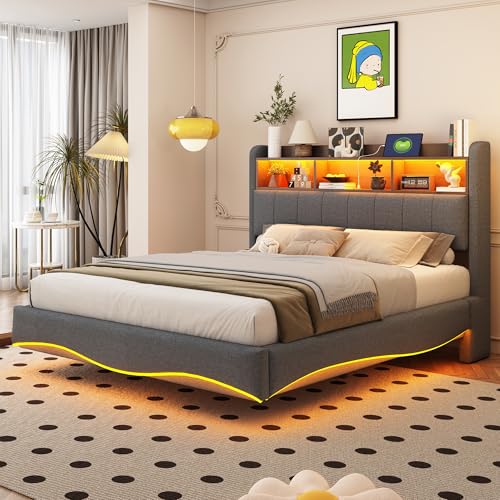 TIZZ 140 * 200 cm Abgehängtes Design Polsterbett aus Leinenstoff, multifunktionales Stauraumbett mit LED-Licht, USB- und Type-C-Schnittstelle Grau von TIZZ