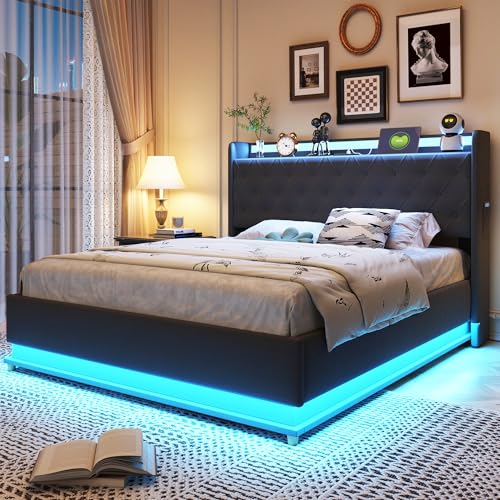 TIZZ 140 * 200 cm LED Polsterbett mit USB-Ladeanschluss und Hydraulischer Lagerung, Hautfreundlicher Leinenstoff Grau von TIZZ