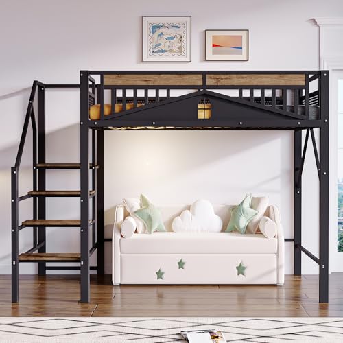 TIZZ 140 x 200 cm Metall-Hochbett, Einzigartige Gehäuseform mit Fensterdesign, Mit Sicherheitsleiter, Viel Stauraum Unter Dem Bett, Schwarz von TIZZ