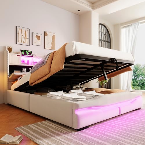 TIZZ 140x200cm,Polsterbett,mit USB c Steckdose Ladefunktion, ferngesteuerte Ambiente-Lichtleiste unter dem Bett, Kopfteil mit Staufach, Hydraulisch Stauraumbett, ohne Matratze,Mit LED-Leuch,Beige von TIZZ