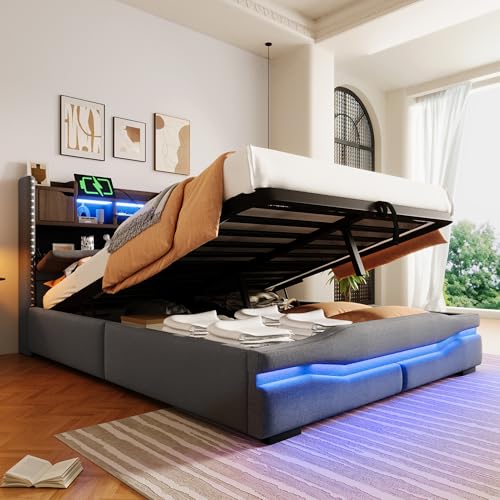 TIZZ 140x200cm,Polsterbett,mit USB c Steckdose Ladefunktion, ferngesteuerte Ambiente-Lichtleiste unter dem Bett, Kopfteil mit Staufach, Hydraulisch Stauraumbett, ohne Matratze,Mit LED-Leuch,Grau von TIZZ